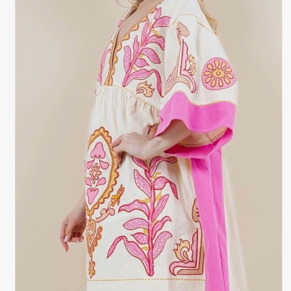 Vibrant Pink and Cream Embroidered Mini Dress - Picture 2 of 8